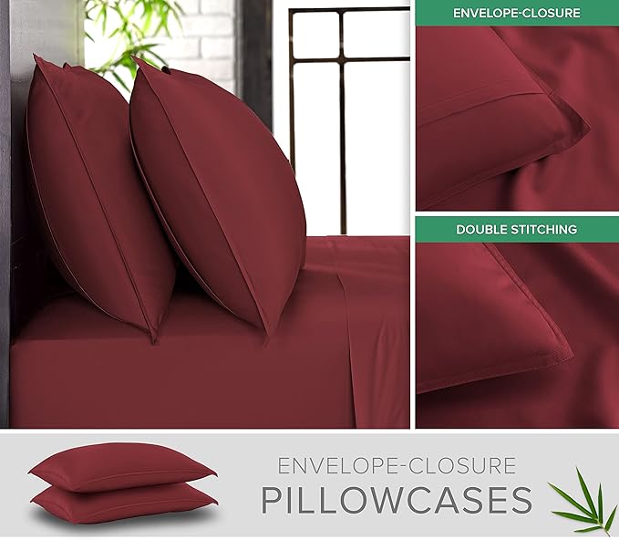 California King Sheets by Pure Bamboo, Genuine 100% Organic Viscose Derived from Bamboo Bed Sheet Set, Soft & Cooling, Double Stitching, Lifetime Quality Promise (California King, Merlot)