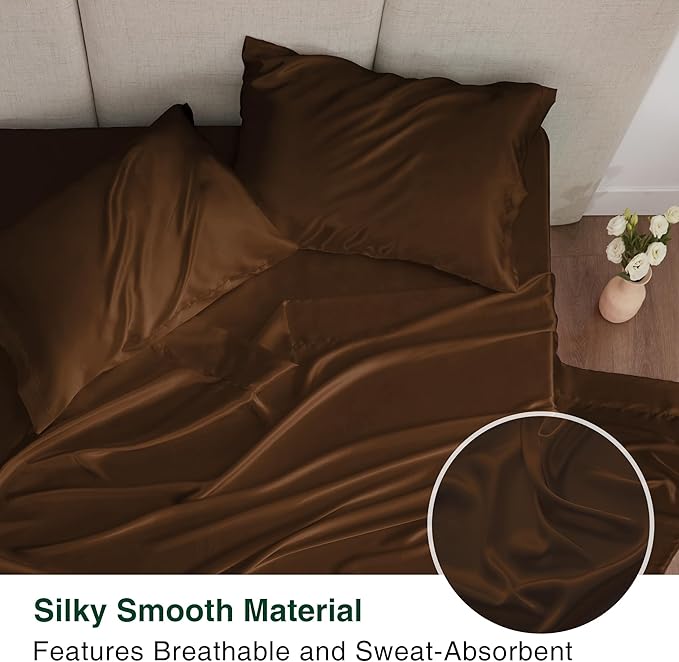 Love's cabin Satin King Sheet Sets - 4 Piece Brown Silky Sheets King Size Bed with Deep Pocket, Luxury Silk Feel King Size Satin Sheet Set (1 Flat Sheet,1 Fitted Sheet,2 Pillow Cases)