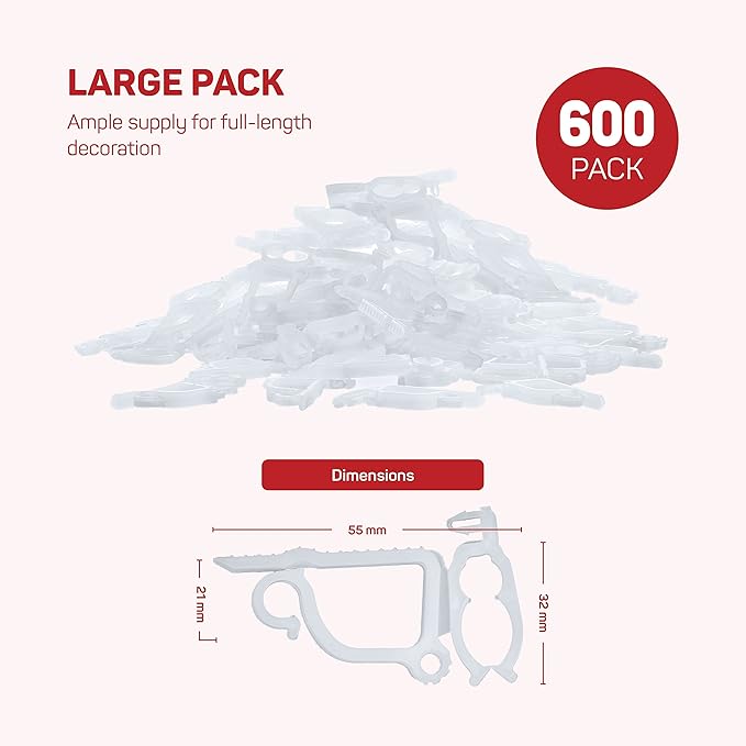 All-Purpose Holiday Light Clips [Set of 600] Christmas Light Clips, Outdoor Light Clips - Mount to Shingles & gutters - Works with Mini, C6, C7, C9, Rope, Icicle Lights - No Tools Required - USA Made