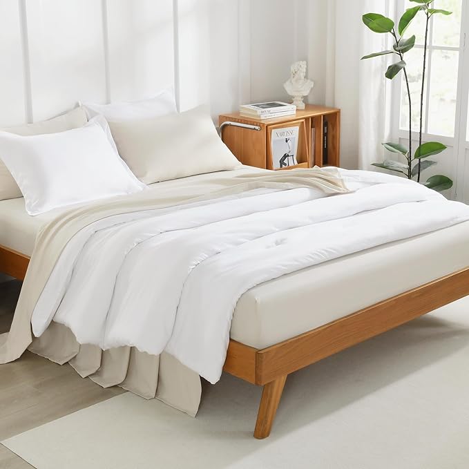 Litanika White Comforters Oversized Queen Size, 3 Pieces Lightweight Solid Bedding Comforter Set, All Season Fluffy Bed Set (98x98In Comforter & 2 Pillowcases)