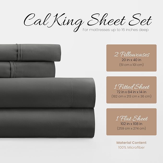 Linen Market Bed Sheets for California King Size Bed (Gray) - Sleep Better Than Ever with These Soft and Cooling California King Sheets - Deep Pocket Fits 16" Thick Beds - 4 Piece Cal King Sheet Set