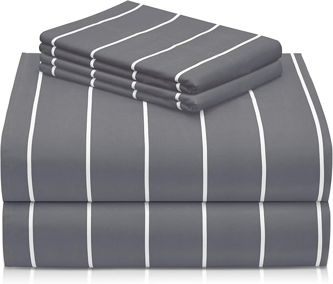 LuxClub 4 PC King Size Sheet Set Bed Sheets, Breathable Luxury Deep Pockets Wrinkle Free Cooling Sheets Machine Washable Hotel Bedding (King, Striped Light Grey)
