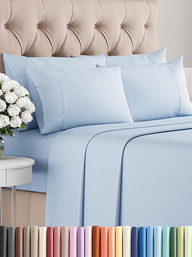 Cal King 6 Piece Sheet Set - Comfy Breathable & Cooling - Ultra-Soft Hotel Luxury Bedding Set w/ 8-16 Inch Deep Pockets - 1 Flat & 1 Fitted Sheet & 4 Pillowcases - Wrinkle Free & Easy Care - Sky Blue