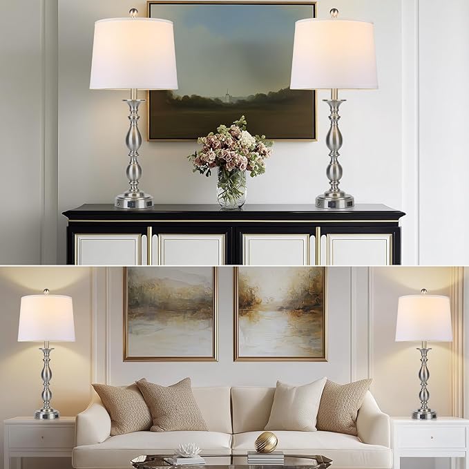 28" Tall Modern Table Lamps Set of 2 with USB A+C Ports and AC Outlet, 3 Way Touch Metal Bedside Lamps for Bedroom, Silver Farmhouse Nightstand Lamps for Living Room