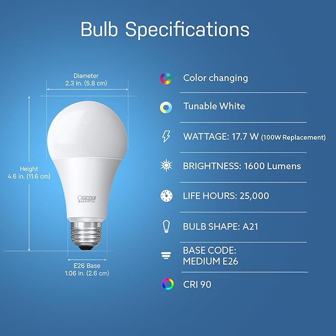 Feit Electric OM60/RGBW/CA/AG Smart WiFi Color Changing and Dimmable, Alexa or Google Assistant, No Hub Required A19 LED Light Bulb, 60W
