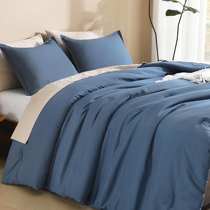 Litanika Haze Blue Oversized King Comforter Set Super King Plus Size, 3 Pieces Lightweight Solid Bedding Comforter Set, All Season Fluffy Bed Set (128x120In Comforter & 2 Pillowcases)