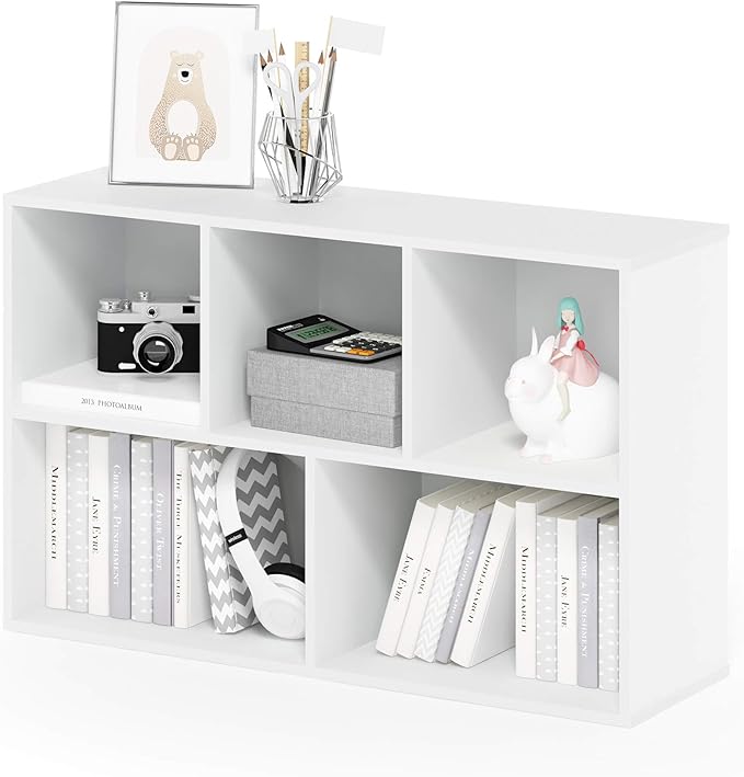 Furinno LUDER Book Shelf, 5-Cube Bookshelf, Reversible Bookcase, 9.4" x 19.5" x 31.5", for Living Room, Bedroom, Home Office, White