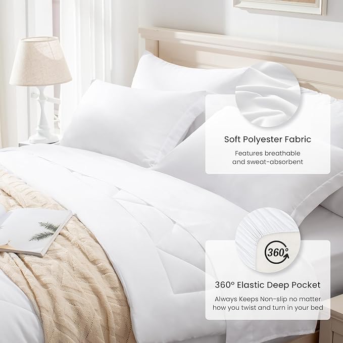 Love's cabin Twin XL Comforter Set White, 5 Pieces Twin XL Bed in a Bag, All Season Bedding Sets with 1 Comforter, 1 Flat Sheet, 1 Fitted Sheet, 1 Pillowcase and 1 Pillow Sham