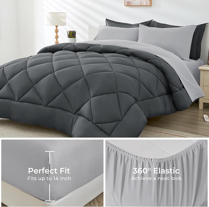 HEVUMYI Twin-XL Comforter Set - 5-Piece All Season Bed in a Bag Twin-XL, Ultra Soft Bedding Set with Comforter, Flat Sheet, Fitted Sheet, Pillowcases, Pillow Shams, Dark Grey & Light Grey