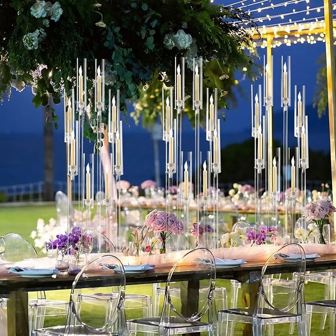 8PCS Arcylic Candelabra Wedding Centerpieces for Tables,38.5 Tall Clear Floor Candle Holder Set with Shade Pillar Taper Candle Stand for Anniversary Party Brithday candelabros para centros de mesa