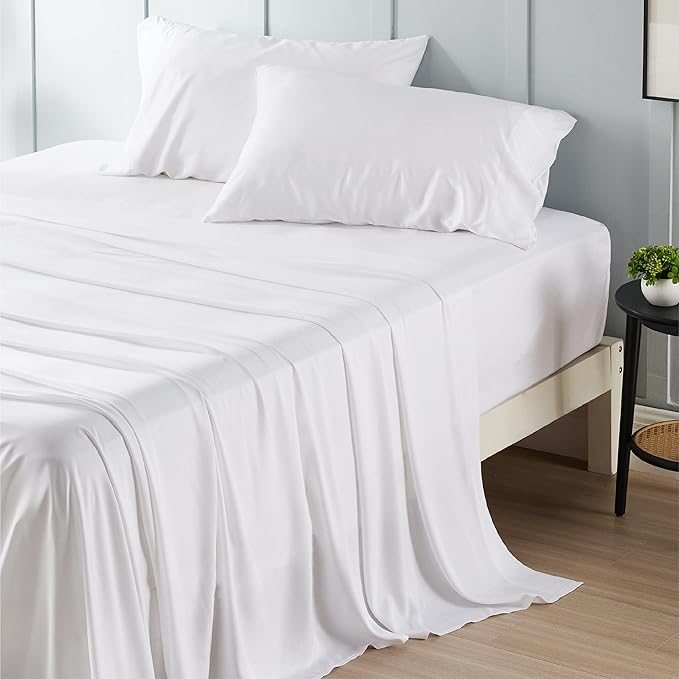 Bedsure Full Size Sheets, Cooling Sheets Full, Rayon Derived from Bamboo, Deep Pocket Up to 16", Breathable & Soft Bed Sheets, Hotel Luxury Silky Bedding Sheets & Pillowcases, White