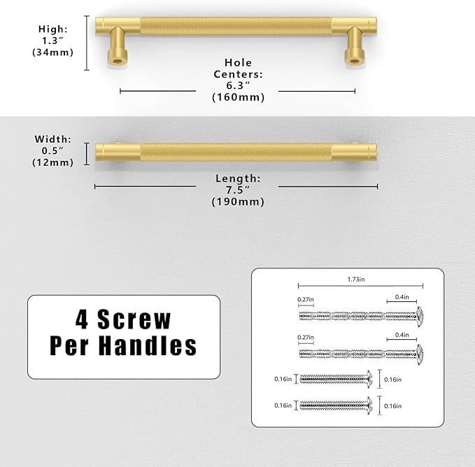 10 Pack Brushed Gold Knurled Cabinet Pulls 6.3 Inch(160mm) Kitchen Cabinet Handles Solid Zinc Alloy Cabinet Hardware Drawer Pulls