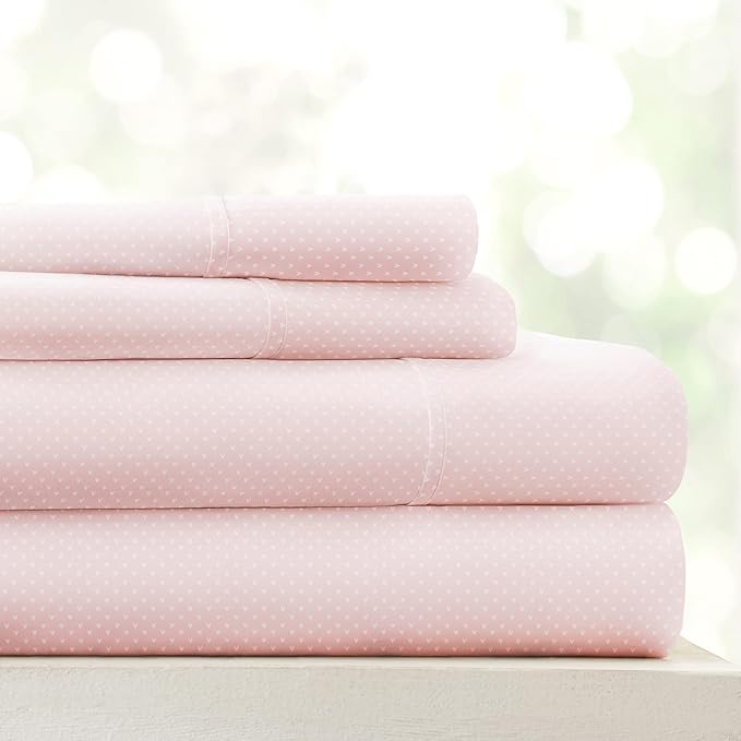 Linen Market Double-Brushed Patterned Microfiber California King Sheet Set 4 Piece – Oeko-TEX Certified Ultra Soft & Wrinkle-Free - 16" Deep Pocket Sheets Easy Care Cal-King Size - My Heart Pink
