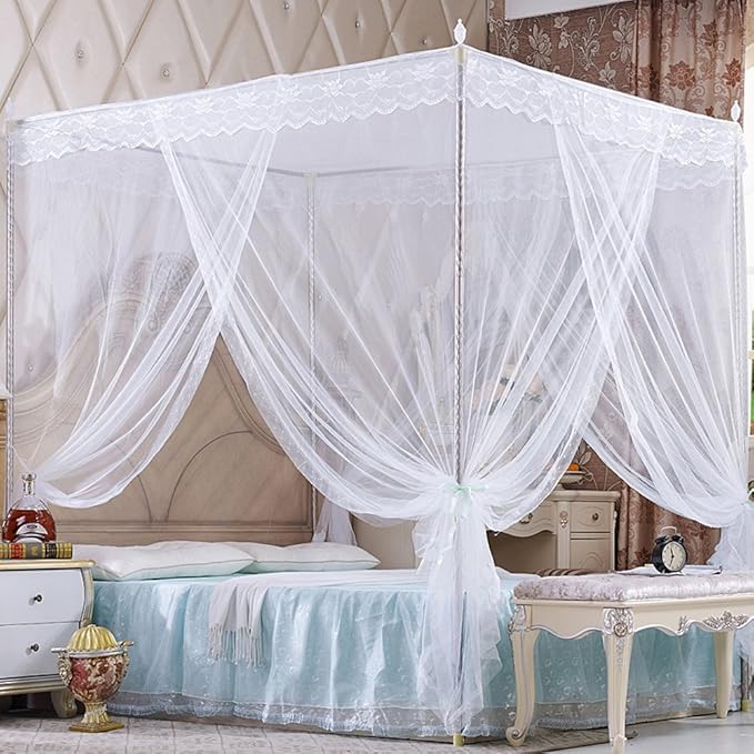 4 Corners Princess Bed Curtain Canopy Canopies for Girls Boys Adults Bed Gift (Queen, White)