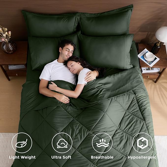 HEVUMYI Army Green Queen Comforter Set - 7-Piece All Season Bed in a Bag Queen, Ultra Soft Bedding Set with Comforter, Flat Sheet, Fitted Sheet, Pillowcases, Pillow Shams