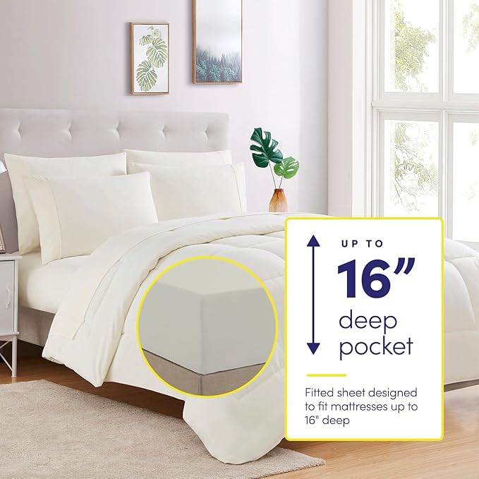 Sweet Home Collection 7 Piece Comforter Set Bag Solid Color All Season Soft Down Alternative Blanket & Luxurious Microfiber Bed Sheets, Ivory, Full