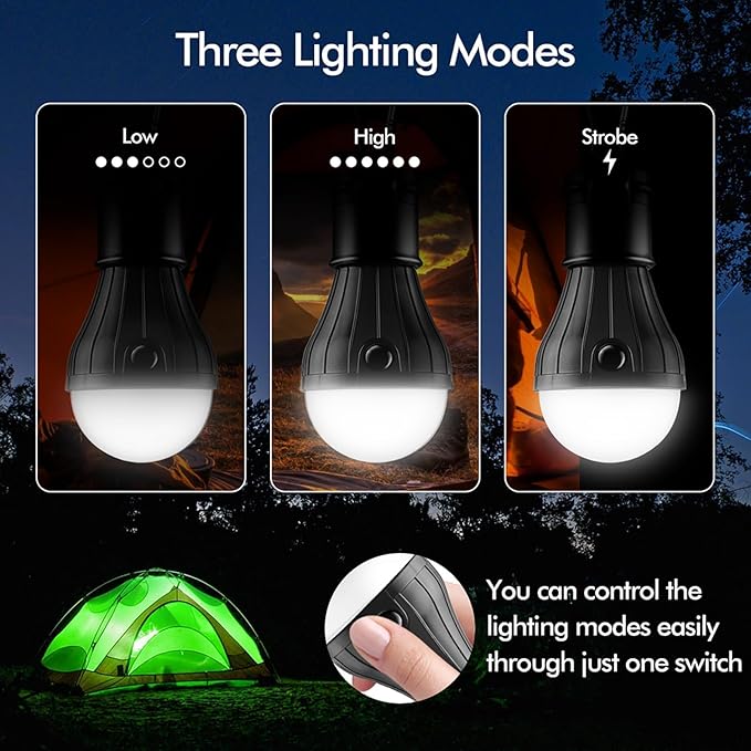 Portable LED Tent Lamp Emergency Lights with Hook, Hurricane Bulb Lantern Equipment for Camping, Hiking, Backpacking, Fishing Outage, Multicolor, 4 Pack