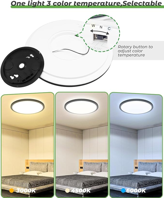 zemty 12 Inch Black Ceiling Light - 28W 3200lm LED Ceiling Light Flushmount, 3 Color Temperature in One 3000k/4500k/6000K Modern Ceiling Lamp for Bedroom Kitchen DiningRoom - 2Pack
