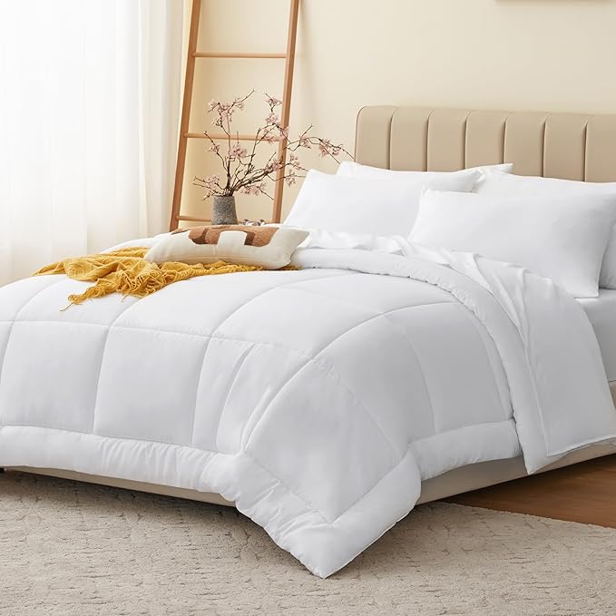 CozyLux Queen Comforter Set White, 7 Pieces Bed in a Bag, White Comforter Queen Size, All Season Bedding Sets with Stitch Quilted Comforter, Flat Sheet, Fitted Sheet, Pillowcases