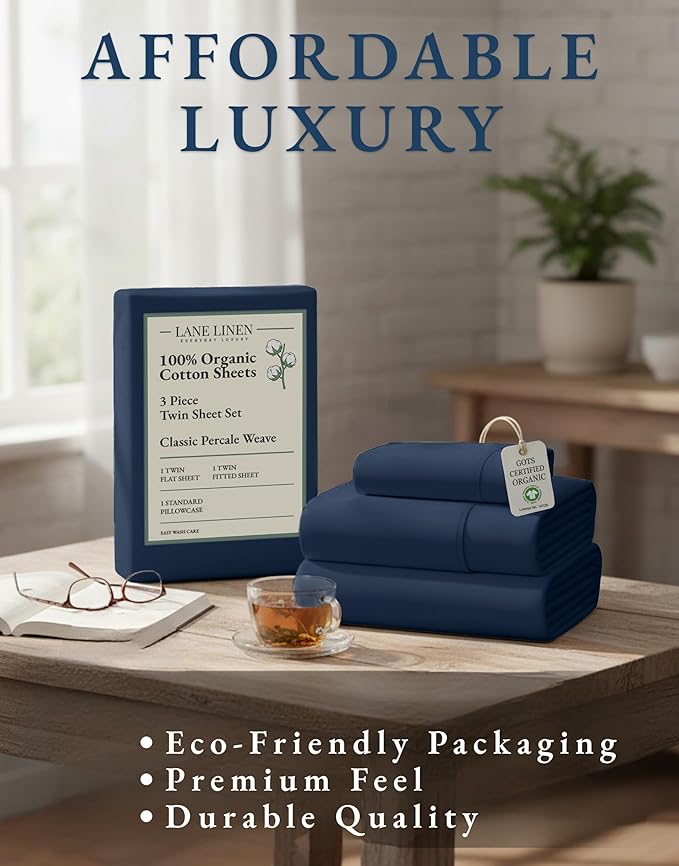 LANE LINEN 100% Organic Cotton Sheets Twin Size, Mercerized Cotton Fully Elasticized Soft & Comfy Bedding Sheets & Pillowcase Set, Good for Dorm Room, Deep Pocket Fully Elasticized Sheet- Navy