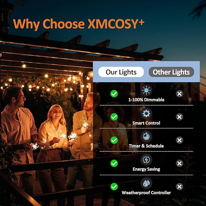 XMCOSY+ Smart Outdoor String Lights, 75Ft G40 Globe Patio Lights with 34 Dimmable LED Bulbs, WiFi & APP Control, Work with Alexa, Extendable Waterproof LED String Lights for Outside, Porch, Backyard