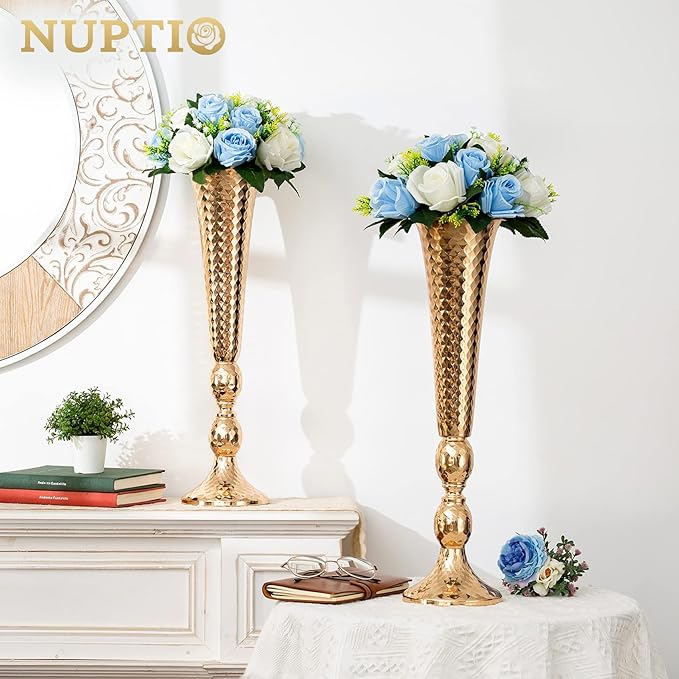 NUPTIO Pcs of 6 Fake Flower Ball Arrangement Bouquet,15 Heads Plastic Roses with Base, Suitable for Our Store's Wedding Centerpiece Flower Rack for Parties Valentine's Day Home Décor (Blue & White)
