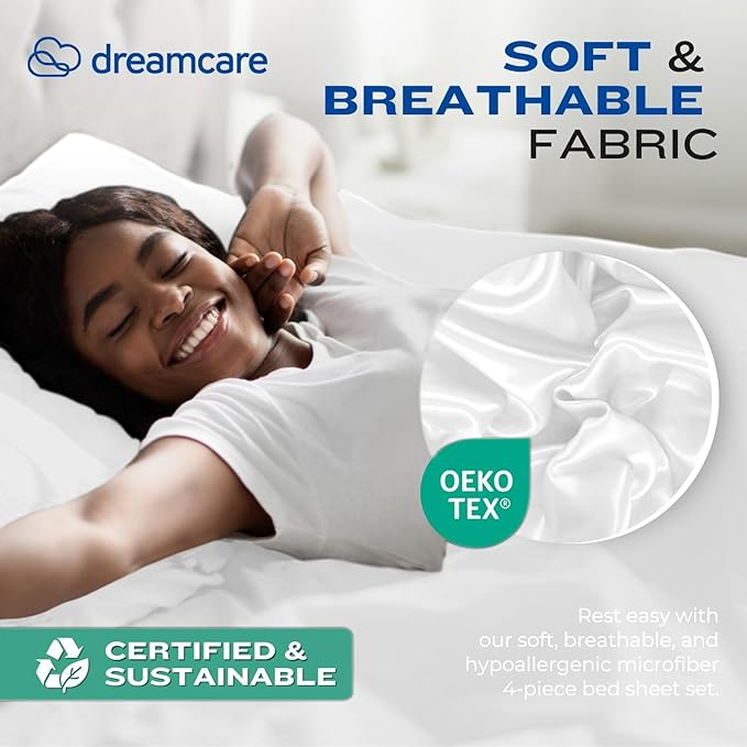 DREAMCARE King Size Sheets Set - Cooling Bed Sheets - 4pcs Set - up to 15" Deep Pocket King Sheet Set – Soft & Long Lasting Cooling - 100% Fine Brushed Polyester with Side Pocket - White