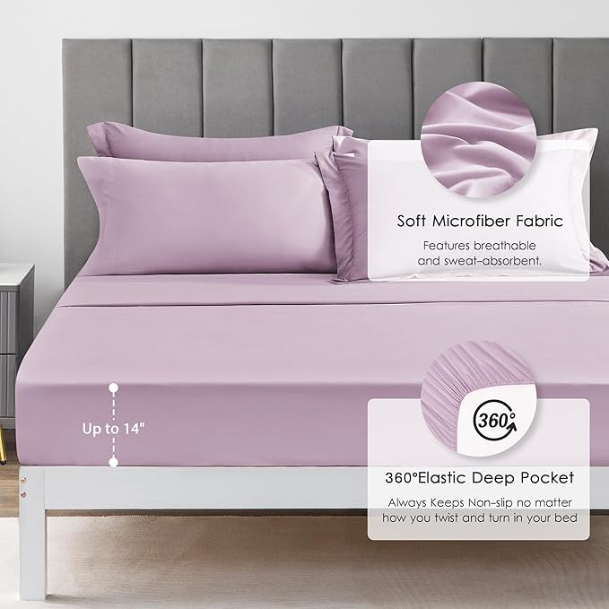 Love's cabin California King Comforter Set Light Purple, 7 Pieces California King Bed in a Bag, All Season Bedding Sets with 1 Comforter, 1 Flat Sheet, 1 Fitted Sheet, 2 Pillowcase and 2 Pillow Sham