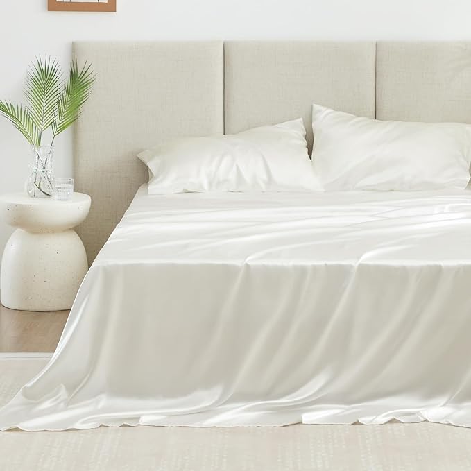 Love's cabin Satin Queen Sheets Set - 4 Piece Ivory Silky Bed Sheets with Deep Pocket, Luxury Silk Feel Satin Queen Size Sheet Set (1 Flat Sheet,1 Fitted Sheet,2 Pillow Cases)