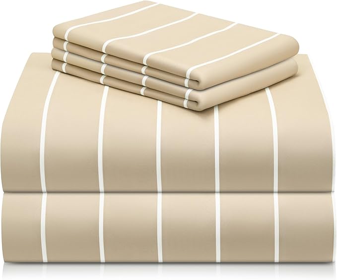 LuxClub 4 PC Queen Size Sheet Set Bed Sheets, Breathable Luxury Deep Pockets Wrinkle Free Cooling Sheets Machine Washable Hotel Bedding (Queen, Striped Cream)