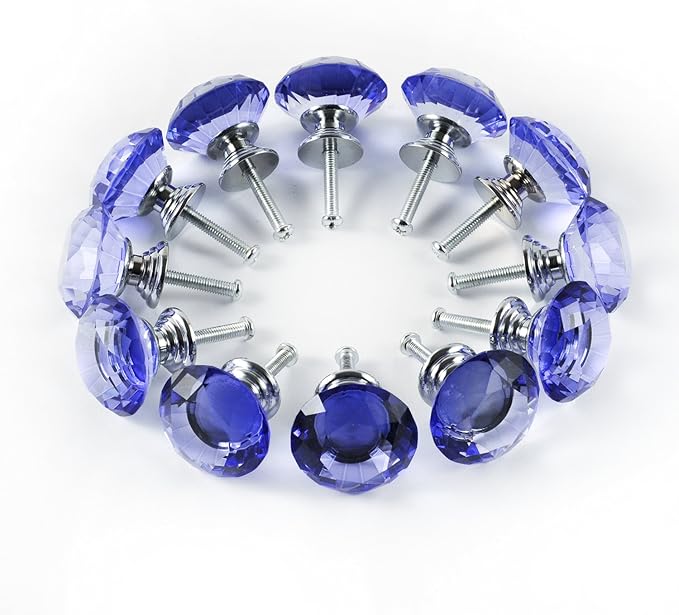 12pcs Diamond Shape Crystal Glass 30mm Drawer Knob Pull Handle Usd for Cabinet, Drawer (Blue)