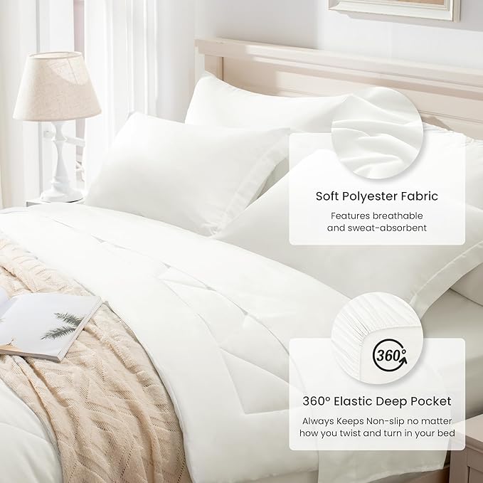 Love's cabin Twin Comforter Set Ivory, 5 Pieces Twin Bed in a Bag, All Season Bedding Sets with 1 Comforter, 1 Flat Sheet, 1 Fitted Sheet, 1 Pillowcase and 1 Pillow Sham
