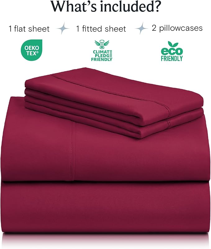 LuxClub 4 PC Queen Sheet Set, Breathable Luxury Bed Sheets, Deep Pockets Wrinkle Free Cooling Sheets Machine Washable Hotel Bedding Silky Soft - Burgundy Queen