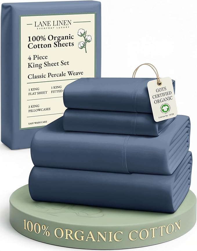 LANE LINEN 100% Organic Cotton Sheets for King Size Bed - Soft Percale Sheets, Breathable Luxury Hotel Style Machine Washable Fully Elasticized Mercerized 15" Deep Pocket King Sheet Set- Estate Blue