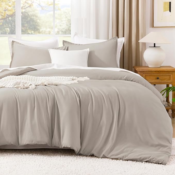 Litanika Linen Grey Comforter Set Full Size, 3 Pieces Lightweight Solid Bedding Comforter Set, All Season Fluffy Bed Set (79x90In Comforter & 2 Pillowcases)