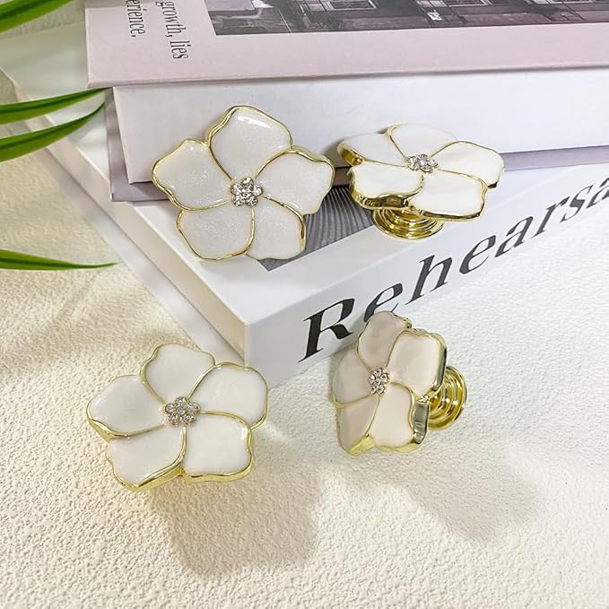 4 pcs Kitchen Handle Petal Knob Hand Zinc Alloy Single Hole Knob Inlaid Rhinestone Hand Handle for Cabinets,Drawers, Wardrobes Furniture Decoration(White)