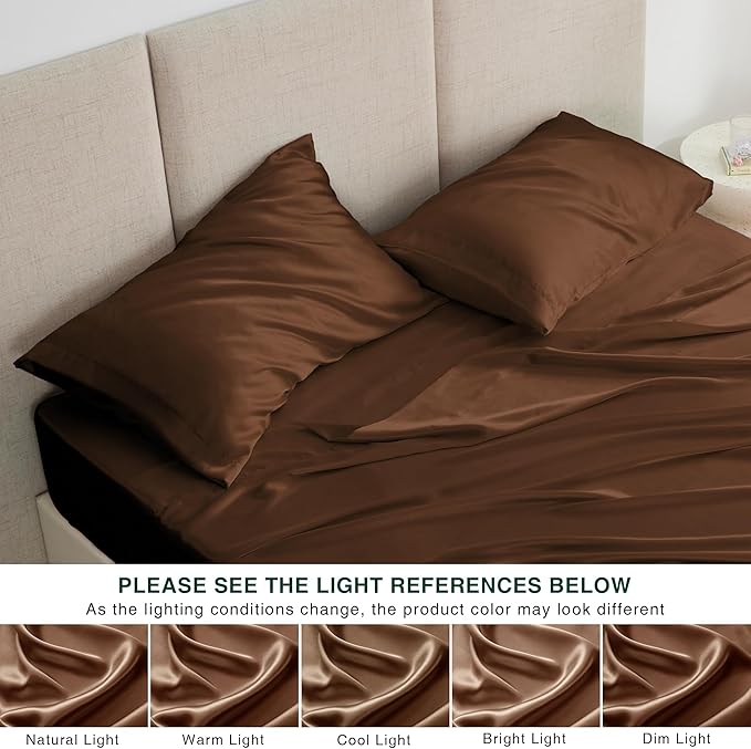 Love's cabin Twin Satin Sheets Sets - 3 Piece Brown Silky Bed Sheets Twin with Deep Pockets, Luxury Silk Feel Satin Sheet Set Bedding Set (1 Flat Sheet,1 Fitted Sheet,1 Pillow case)