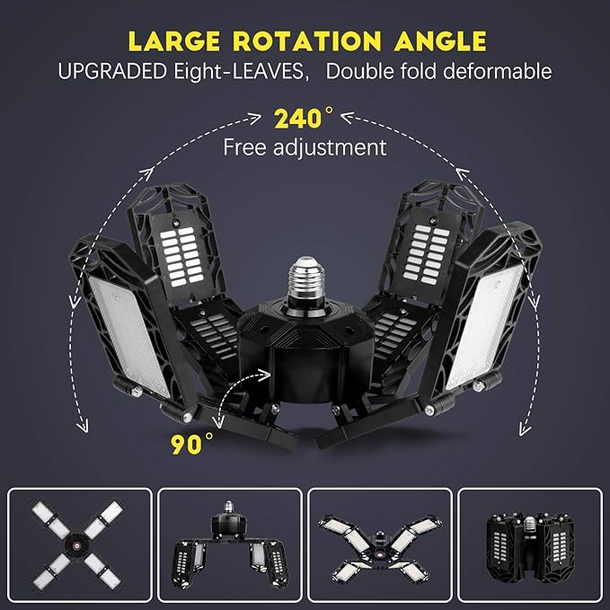 4 Pack LED Garage Light, Super Bright Screw in E26/E27 Ceiling Shop Work Lamp, 200W 20000 Lumen Deformable Basement Bulb Fixture with 8 Adjustable Panels