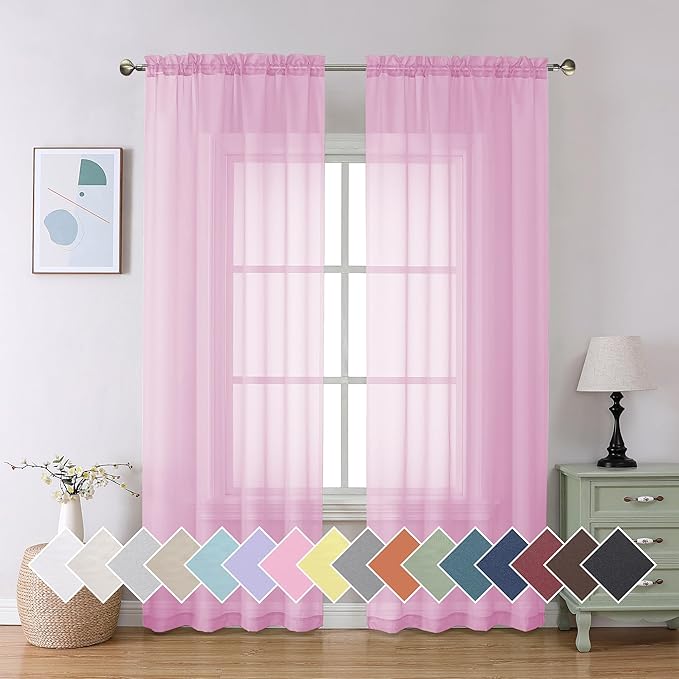 Aiyufeng Light Pink Sheer Curtains 90 Inches Long 2 Panels Set, Semi Transparent Voile Rod Pocket Sheer Window Drapes for Bedroom Bed Canopy Living Room Dining Wedding Party Backdrop, 42W x 90L inch