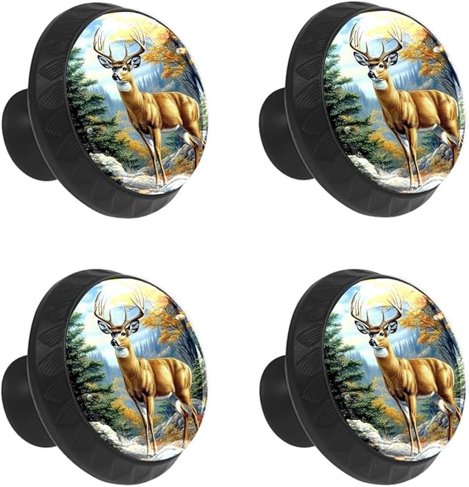 4 Pack Drawer Knobs Pulls Fall Forest Deer Crystal Glass Round Knobs Pulls Handles for Cabinets Dressers Kitchen Bathroom - Cupboards Wardrobes Hardware Furniture Knobs