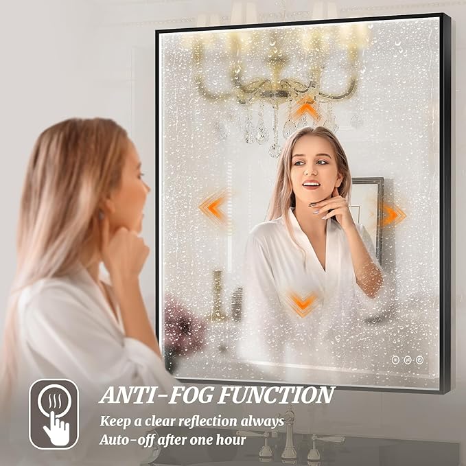 32x32 Inch LED Bathroom Mirror, Black Metal Framed Lighted Mirror for Bathroom, Wall Mouted LED Vanity Mirror with Lights, 3 Colors and Stepless Dimmable, Anti-Fog, Memory