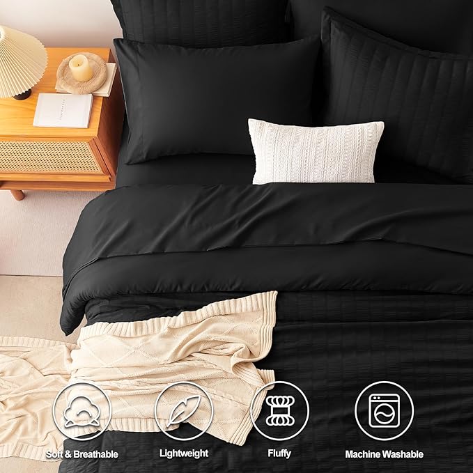 CozyLux Oversized Queen Comforter Set Black Seersucker 7 Pieces 98x98 Bed in a Bag Comforter Set with Sheets, Luxury Soft Bedding Sets with Down Alternative Comforter, Sheets, Pillowcases & Shams