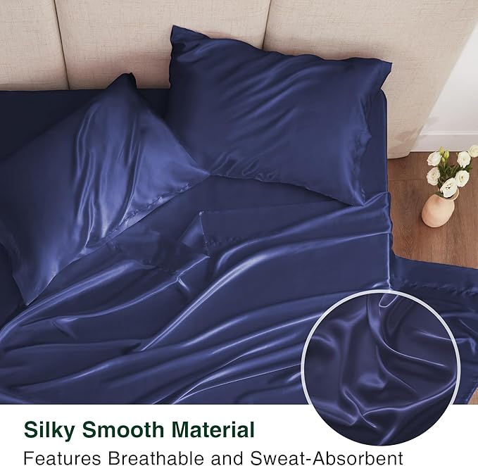 Love's cabin Twin XL Satin Sheet Sets - 3 Piece Navy Blue Silky Bed Sheets with Deep Pockets, Luxury Silk Feel Satin Sheet Set Twin XL (1 Flat Sheet,1 Fitted Sheet,1 Pillow case)