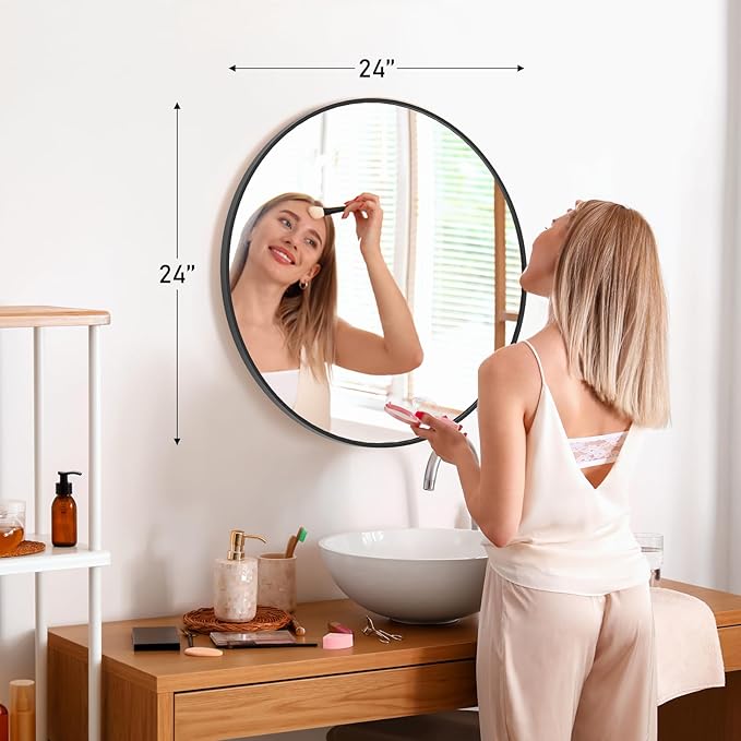 Sweetcrispy 24in Round Bathroom Mirrors for Wall, Bathroom Mirrors for Over Sink, Wall Decor for Bathroom, Entryway, Bedroom, Vanity, Classical Black