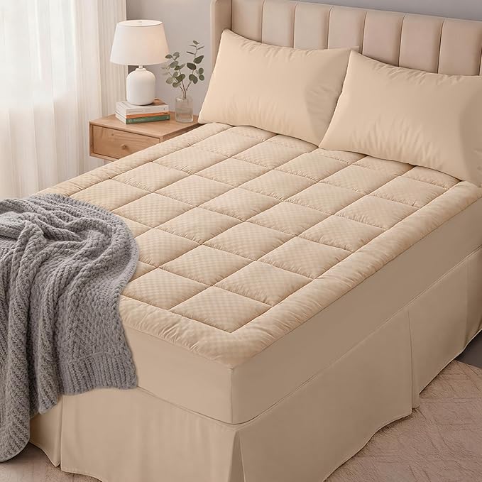 OLANLY King Quilted Fitted Mattress Pad – Soft Pillow Top Mattress Topper, Down Alternative Fill, Cooling Comfort Breathable Mattress Cover, Machine Washable Deep Pocket Mattress Protector, Beige