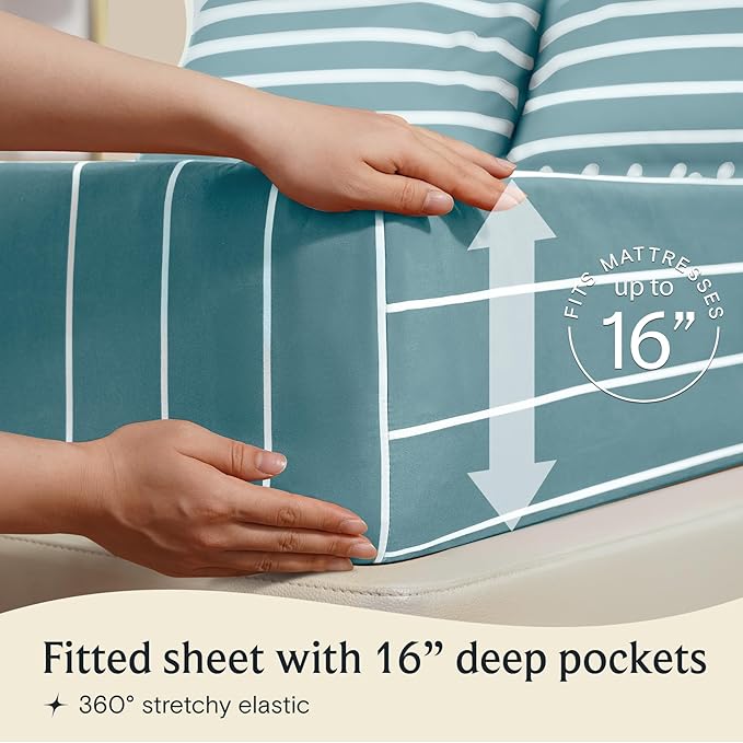 LuxClub 4 PC King Size Sheet Set Bed Sheets, Breathable Luxury Deep Pockets Wrinkle Free Cooling Sheets Machine Washable Hotel Bedding (King, Striped Light Blue)
