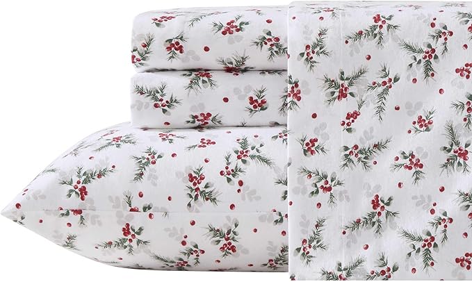 Laura Ashley - Flannel Sheets Queen Size, Anti-Pilling & Wrinkle Resistant Cotton, Touchably Soft for All-Season Comfort - Bed Sheets with Matching Pillowcases & Fitted Sheet (Berry Bright Red)