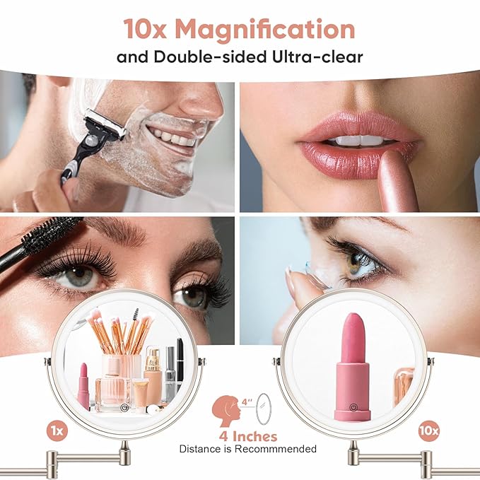 FASCINATE Rechargeable Wall Mounted Makeup Mirror with Lights and Magnification, 8 Inch Double Sided 1X 10X Magnifying Bathroom Mirror with 3 Color Lights & 360° Rotation Vanity Mirror - Nickel