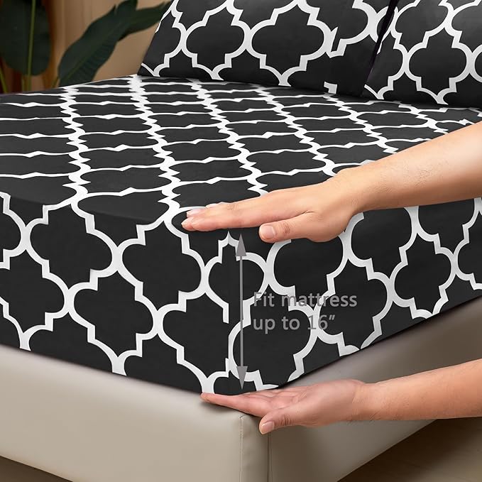 Mejoroom Full Bed Sheet Set - Super Soft Brushed Microfiber 1800 Thread Count Sheets with 16inches Deep Pocket - Wrinkle Free - 4 Piece(Full, Black Quatrefoil with White Pattern)