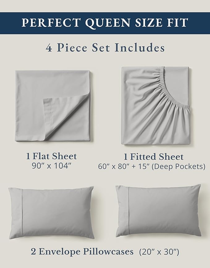 LANE LINEN 100% Organic Cotton Mercerized Queen Sheets, Soft & Comfy Naturally Cooling Cotton Sheets Queen Size Set, Classic Percale Weave Low Pill Fade Resistant Queen Bed Sheets- Silver